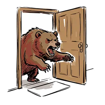 Illustration of a bear destroying a wooden door with its claws and trying to force its way inside