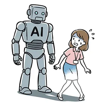 Illustration of a female office worker frightened and running away from an AI robot