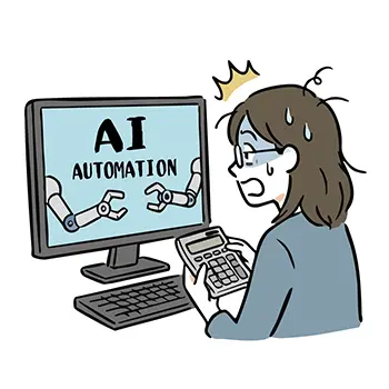 Illustration of an administrative woman panicking looking at AI automation on PC screen