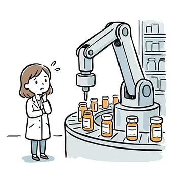 Illustration of a woman in a white coat looking anxiously at robot arm work