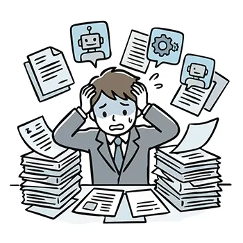 Illustration contrasting a man troubled by massive documents and efficiently working AI robots