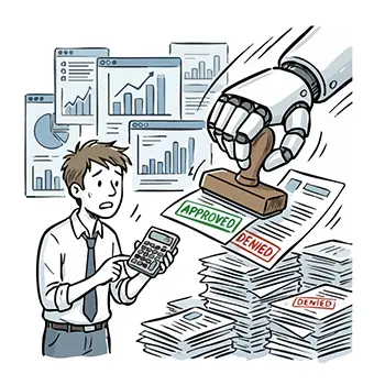 Illustration of an AI robot stamping pass/fail on documents and a panicked man