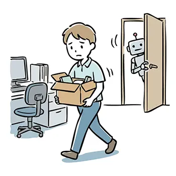 Illustration of a man retiring holding luggage and an AI robot peeking from the door