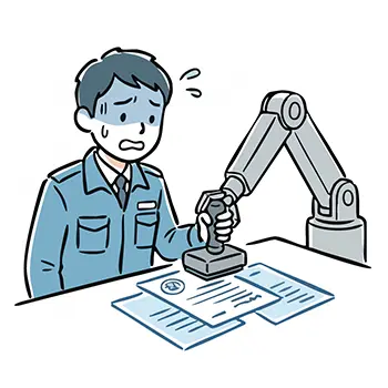 Illustration of a male worker anxious as a robot arm automatically stamps