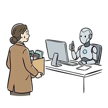 Illustration of a retiring woman and a successor AI robot giving a thumbs up at the desk