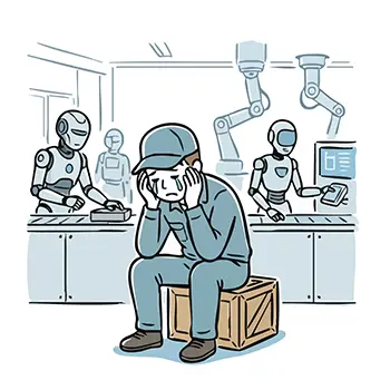 Illustration of a worker sitting and crying in front of an operating robot factory