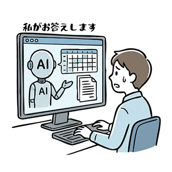 Illustration of a man confused by being proposed work by an AI assistant on PC screen