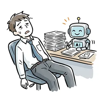 Illustration of a male employee about to collapse from overwork and an AI robot energetically doing administrative work