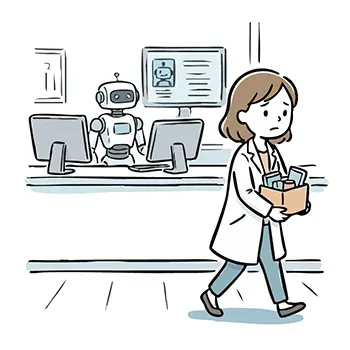 Illustration of an AI robot at reception counter and a woman retiring with luggage