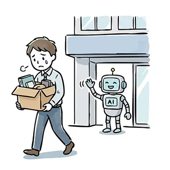 Illustration of an AI robot smilingly waving to a male employee retiring and leaving