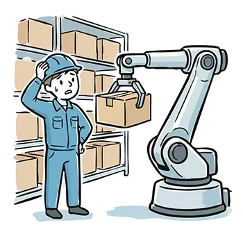 Illustration of a robot arm picking luggage in a warehouse and a confused male worker