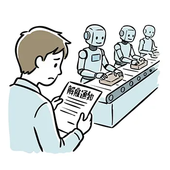 Illustration of a man depressed looking at dismissal notice in front of operating robot line