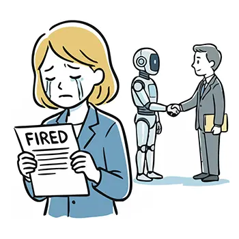 Illustration of a manager shaking hands with a robot behind a woman crying at dismissal notice