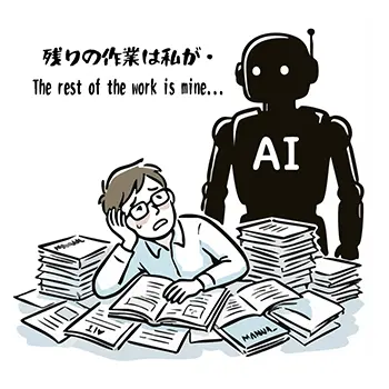 Illustration of an eerie AI robot announcing to do the remaining work behind an overworked man