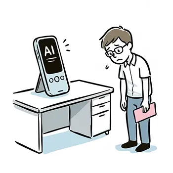 Illustration of a man drooping and depressed in front of AI-equipped smart terminal