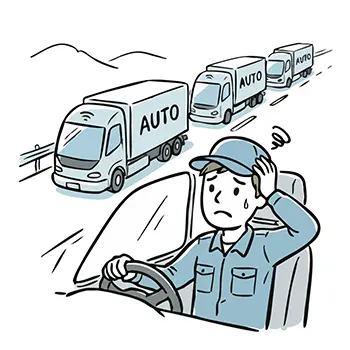 Illustration of a truck driver panicking seeing convoy driving of autonomous trucks