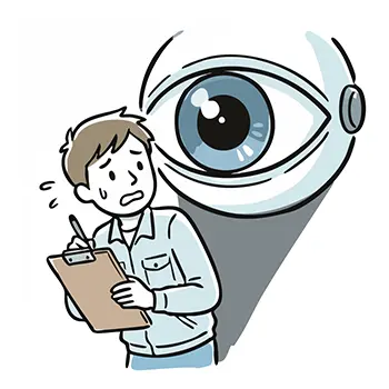 Illustration of a worker panicking being watched by the eye of a giant AI surveillance camera