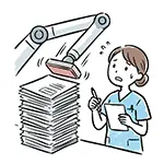 Free Illustration of Nurse Panicking as Paperwork is Taken by Robot