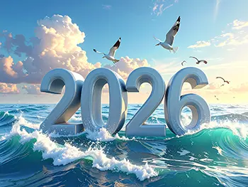 Free illustration of refreshing New Year with 2026 text floating in the sea and seagulls flying