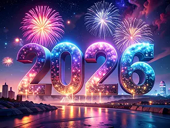 Free celebratory illustration depicting colorful fireworks launching into the night sky with 2026 text