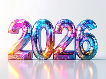 Free illustration of metallic 2026 3D text emitting rainbow luster on a white background