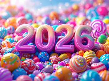 Cute free illustration of 2026 surrounded by many colorful candies and sweets