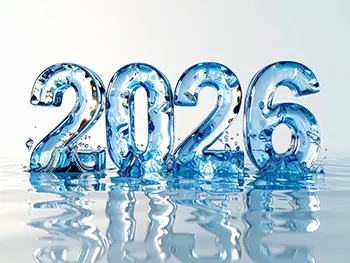 Free illustration of transparent ice 2026 text floating on water surface with water splashes