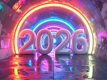 Free illustration of futuristic 2026 text placed inside a shining neon tunnel