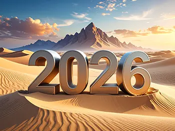 Free illustration of heavy 2026 text placed against a background of vast desert and steep mountain range