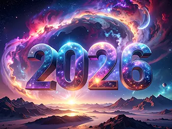 Free illustration of 2026 text floating in space where beautiful nebulas and galaxies spread
