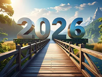 Free illustration of metallic 2026 text placed at the end of a pier over a lake and mountain scenery