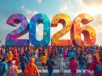 Free illustration of crowd of many people advancing towards colorful giant 2026 text