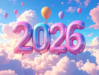Free illustration of pink and blue 2026 number balloons floating in blue sky and clouds