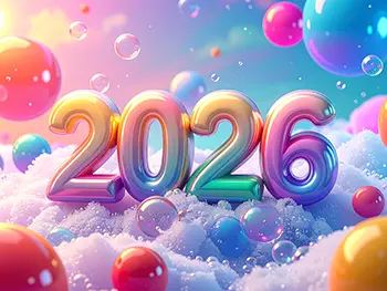 Free illustration of colorful 2026 text surrounded by many bubbles and rainbow soap bubbles