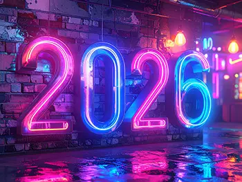 Free illustration of 2026 text shining with pink and blue neon tubes against a brick wall background