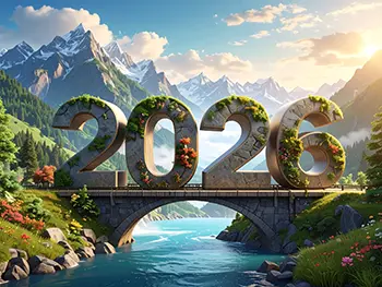 Free illustration of moss-covered stone 2026 text placed on a stone bridge with beautiful mountains and river background