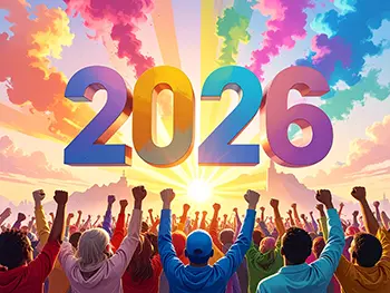 Free illustration of crowd rejoicing raising fists towards first sunrise and colorful 2026 text