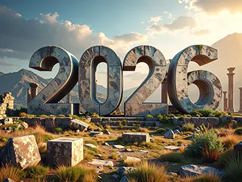 Free illustration of weathered stone 2026 text standing in ancient ruins illuminated by sunset