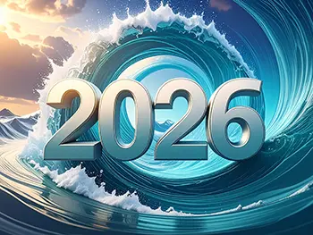 Free illustration of metallic 2026 text floating inside a tunnel of a giant blue wave