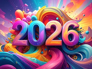 Free illustration of 2026 text floating in an abstract background where colorful paint seems to swirl