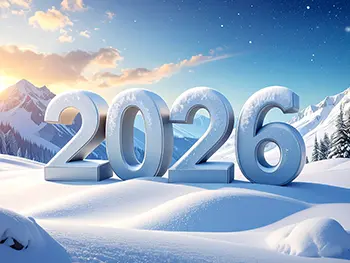 Free illustration of white 2026 text placed in snow against majestic snowy mountain background