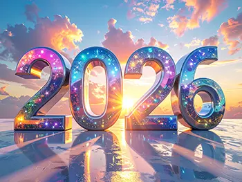Free illustration of 2026 text sparkling like gems against a beautiful gradation sky background