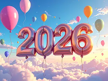 Free illustration of pink gold 2026 balloons floating above pastel color sky and clouds