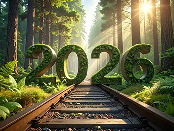 Free illustration of moss-covered 2026 text placed on railway tracks in forest with sunbeams