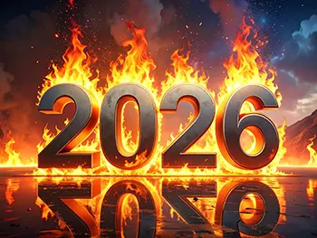 Free illustration of black heavy 2026 text placed inside intensely burning fire