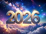 2026 Golden Text Illustration Free | Mystical Background of Sea of Clouds and Space