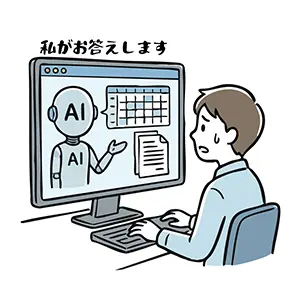 AIアバターが顧客対応を行い仕事がなくなり困る男性オペレーターの手書き風イラスト