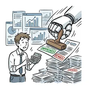 AIロボットが高速で書類審査スタンプを押し困惑する男性の手書き風イラスト