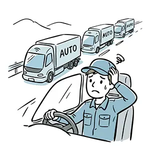 自動運転トラックの隊列走行に仕事を奪われ焦るトラック運転手の手書き風イラスト