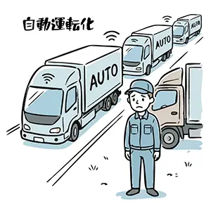 自動運転トラックの隊列を見送る仕事のないトラック運転手の男性の手書き風イラスト